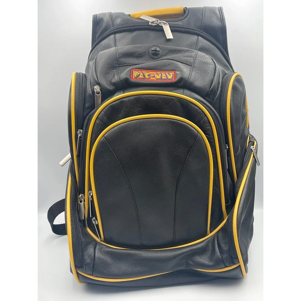 Pac-Man Namco Bandai Games Black Leather Backpack Yellow Trim Retro Gaming